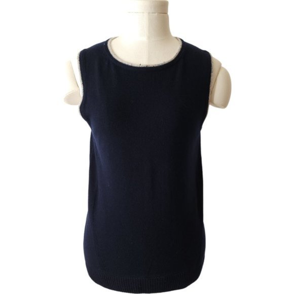 St. John 100% Cashmere navy cape twinset with grey speckled trim - Picture 4 of 14